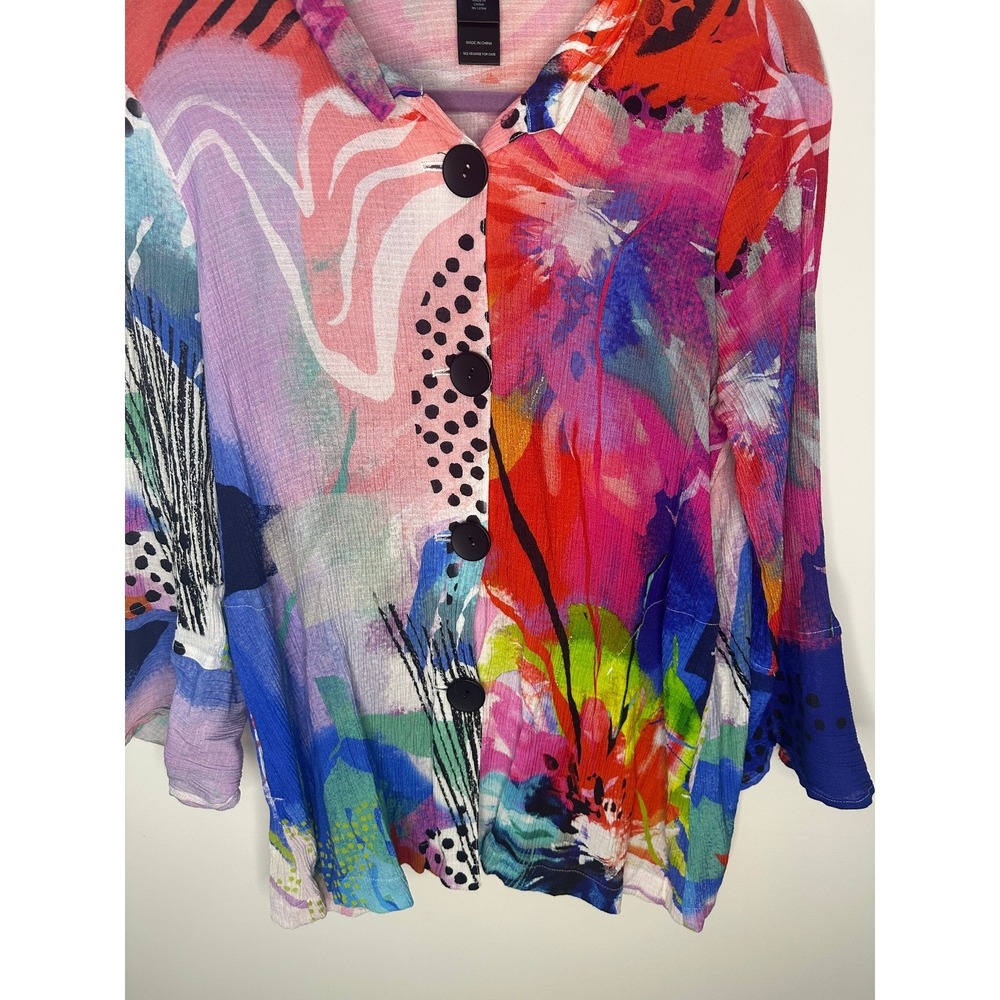 Ali Miles Mix Print Wearable Art to Wear Blouse Button Artsy Wired Collar Top M - Picture 4 of 13